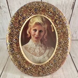 Vintage 70s Oval Floral Butterfly Picture Frame Gold Peach Retro Tabletop 6x5